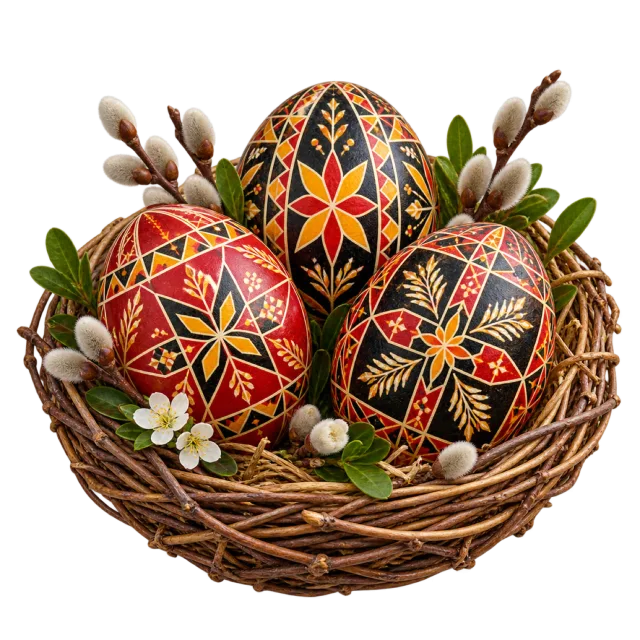 Dark decorated eggs with red, yellow and green geometric patterns in a nest with buds and leaves