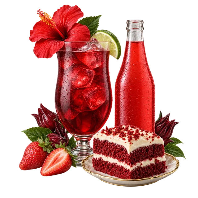 A glass of red iced drink beside a red bottle and a slice of red layered cake with fruit and a red flower