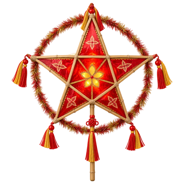 A red star-shaped lantern with a visible frame, glowing center and dangling red and gold-colored tassels