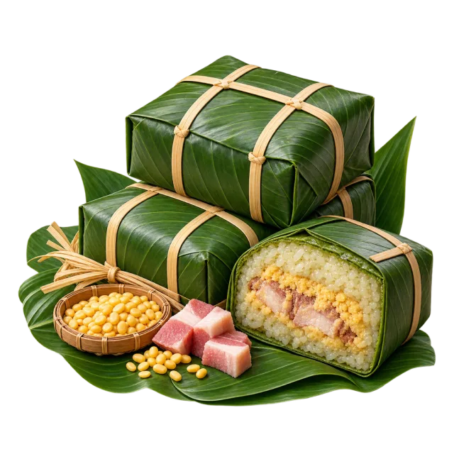 Square green leaf-wrapped parcels tied with pale strips, including a cut cake showing rice and a yellow center