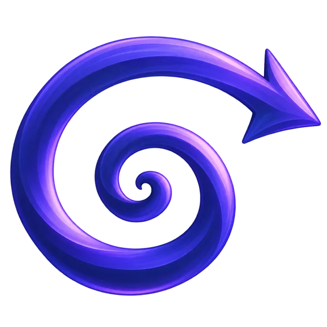Indigo spiral arrow curling outward toward the upper right on a transparent background