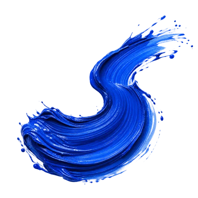 A thick blue paint stroke curves into an S shape with splattered ends