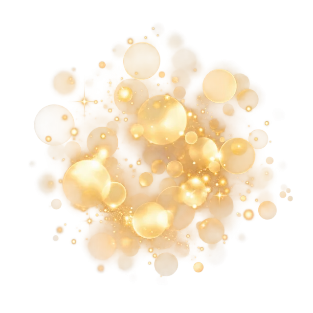 Soft golden circles of light overlap among small glowing particles