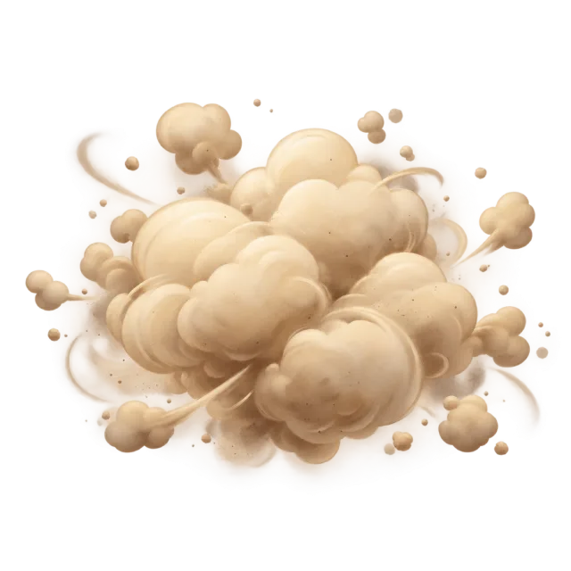 Rounded beige clouds form a soft cartoon dust puff