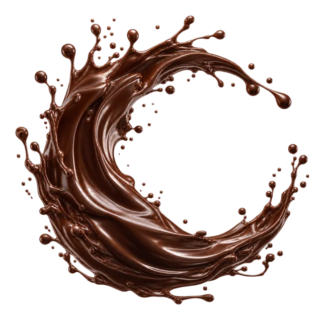 A dark brown liquid splash curves around an open center with scattered droplets