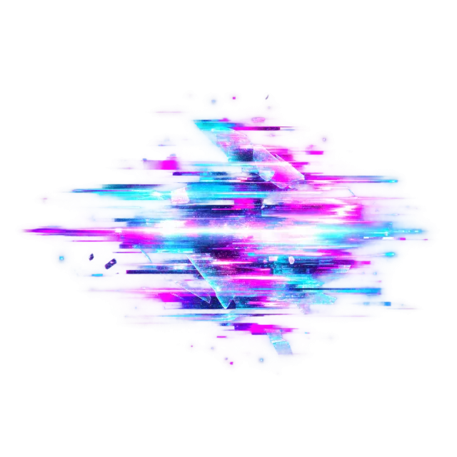 Horizontal cyan, blue and magenta fragments form a digital glitch effect