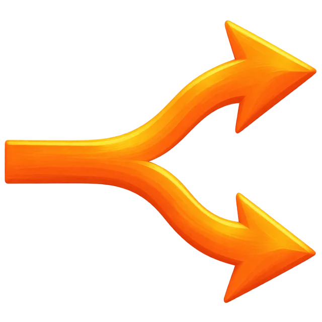 Orange arrow splitting into two right-facing branches on a transparent background