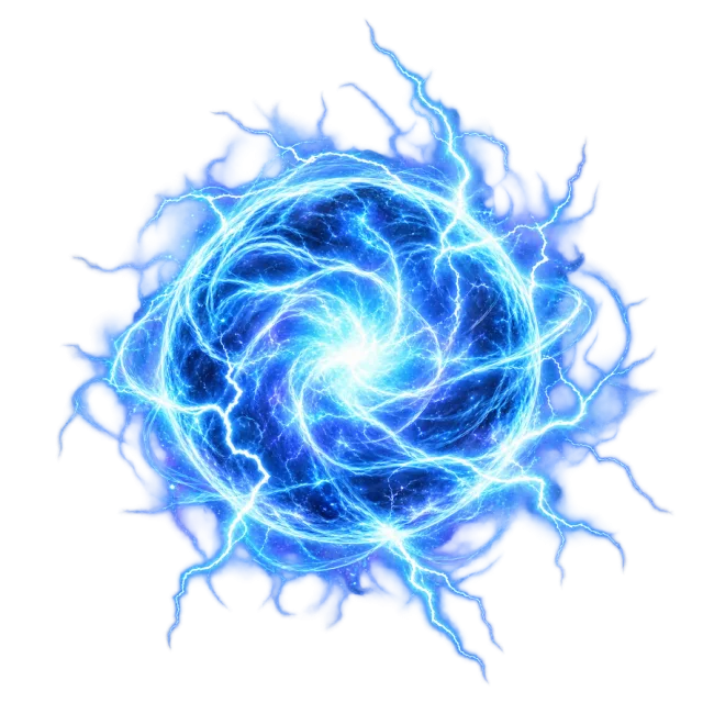 Blue lightning tendrils surround a bright circular energy orb