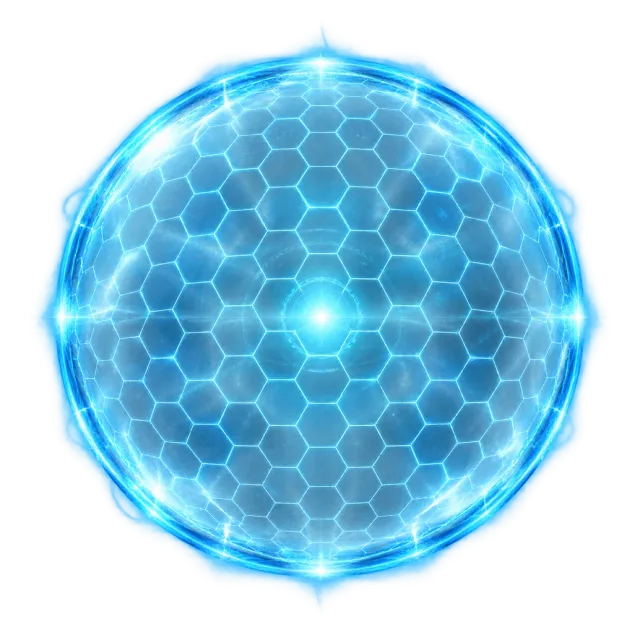 A translucent blue circular shield contains a hexagonal grid and glowing center