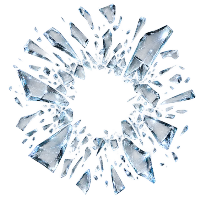 Angular glass shards radiate around an open center