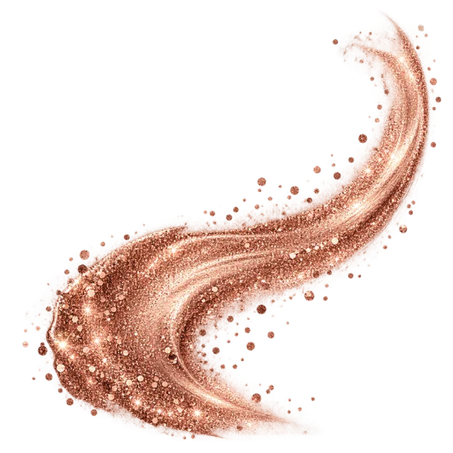A sweeping rose gold glitter stroke is surrounded by fine sparkling particles