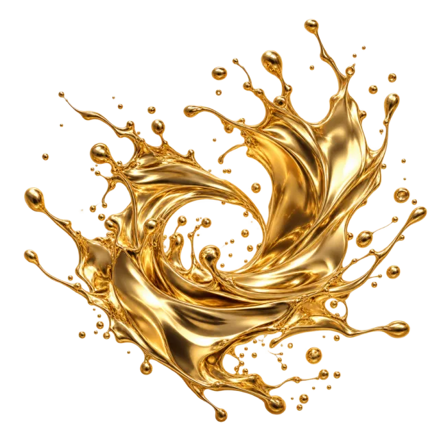 A reflective gold-colored liquid splash curls into an open ring