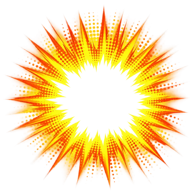 Orange and yellow spikes with halftone dots surround an open center