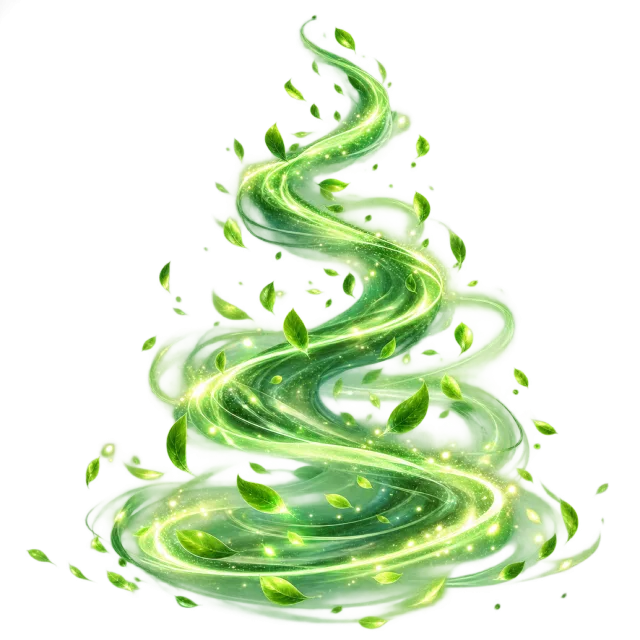 Glowing green spirals and floating leaves form a fantasy aura