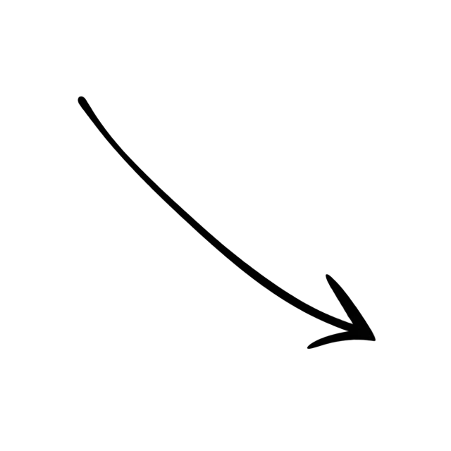 Thin black curved pointer arrow pointing down and right on a transparent background