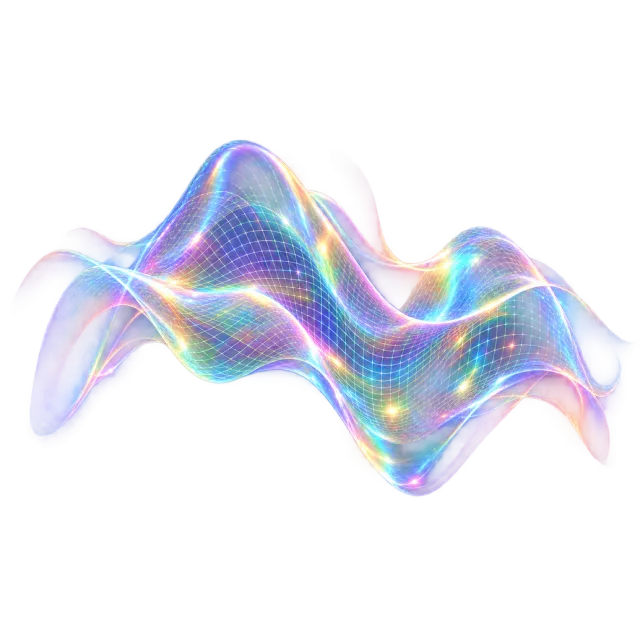 A rippling rainbow-colored mesh ribbon curves across the image