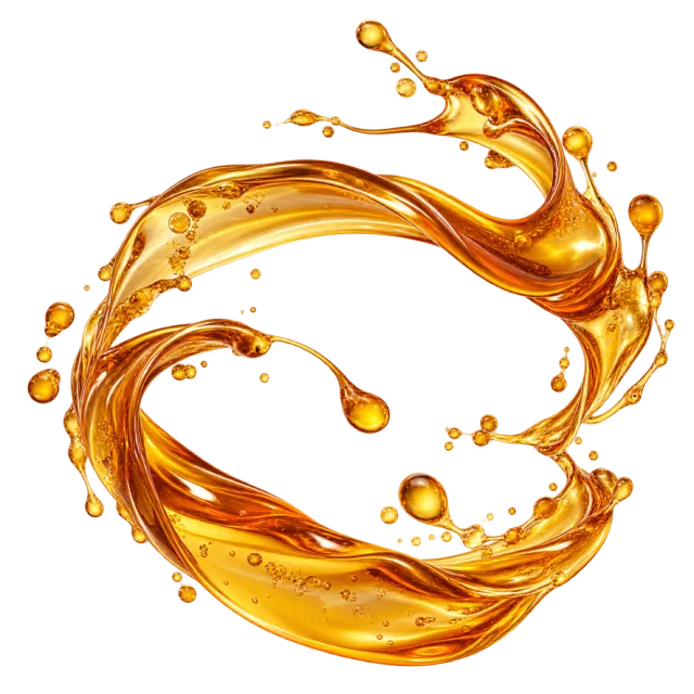 Glossy amber liquid curls into a loop with suspended droplets
