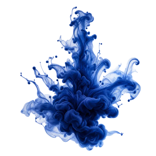 A billowing dark blue ink plume branches into curling tendrils