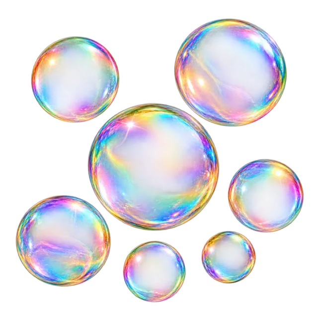 Transparent-looking soap bubbles reflect soft rainbow colors