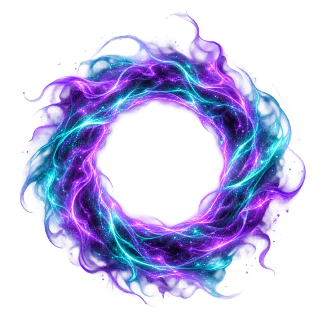 A luminous purple and blue circular portal has a swirling energy rim