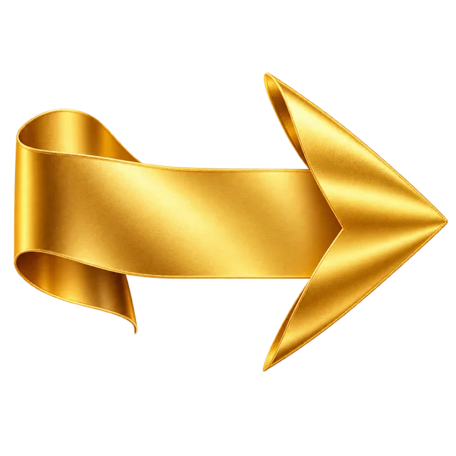 Folded gold ribbon forming a right-pointing arrow on a transparent background
