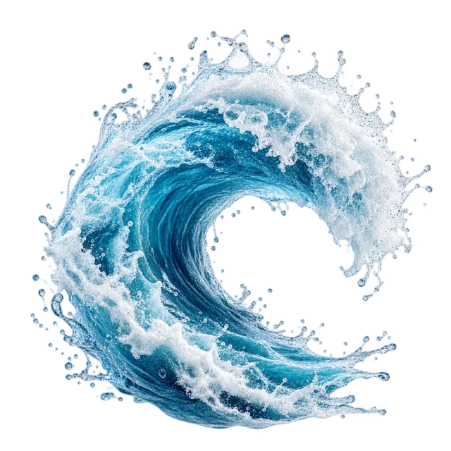 A curling blue wave forms an arc edged with white foam