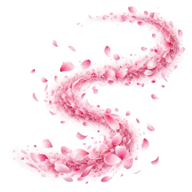 Pink flower petals drift along a sweeping S-shaped trail