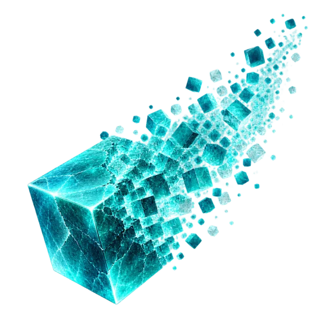 A turquoise cube breaks apart into small cubes toward the upper right