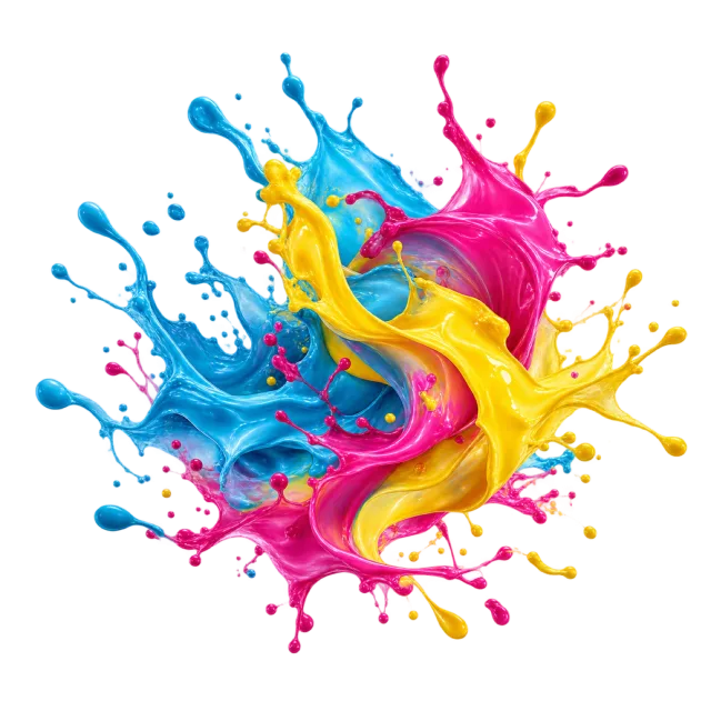Blue, pink and yellow liquid paint spreads into a colorful splash
