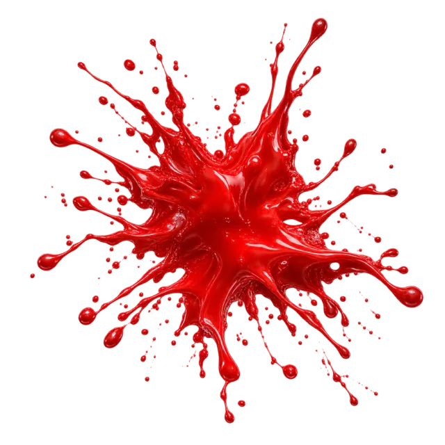A red paint splash spreads outward with scattered radial droplets
