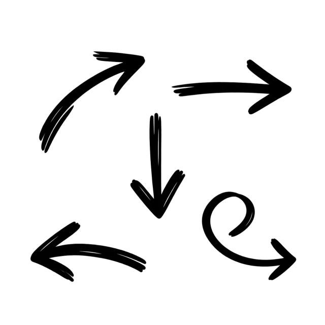 Set of five black hand-drawn arrows with straight, curved and looping shapes on a transparent background