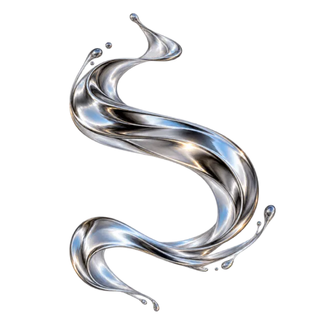 A smooth silver-colored reflective ribbon curves into an S shape