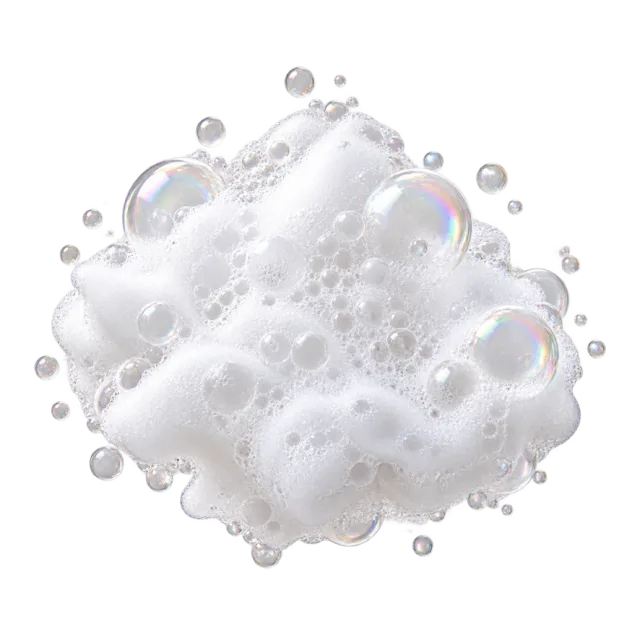 A cluster of white foam contains tightly packed rounded bubbles