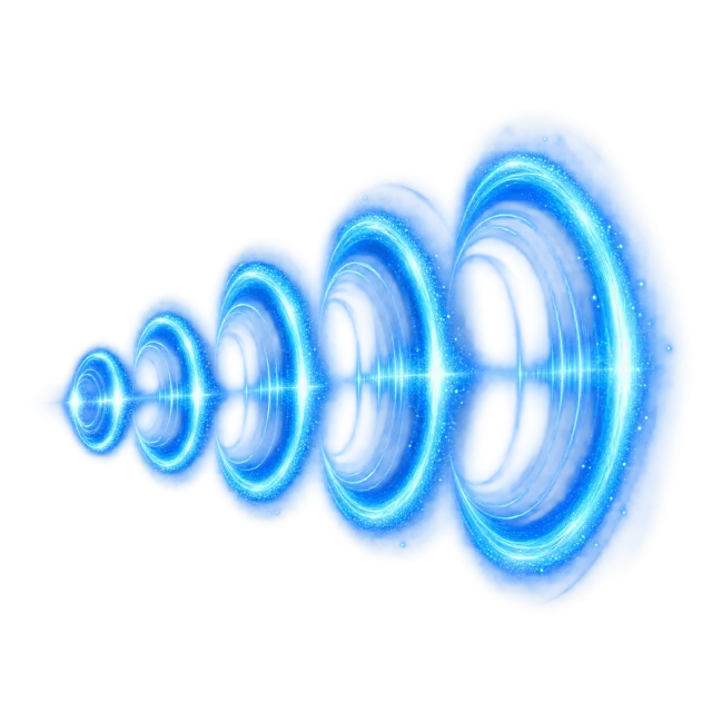 A sequence of glowing blue rings recedes along a perspective trail