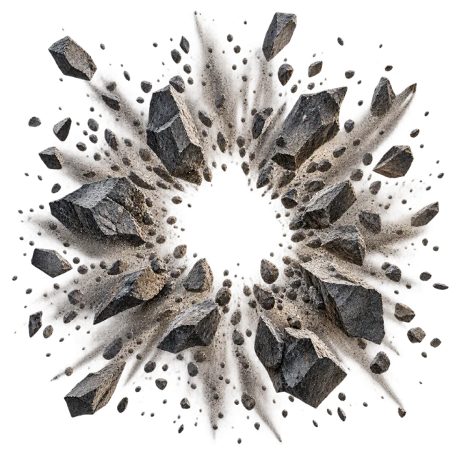 Gray rock fragments scatter outward around an open center