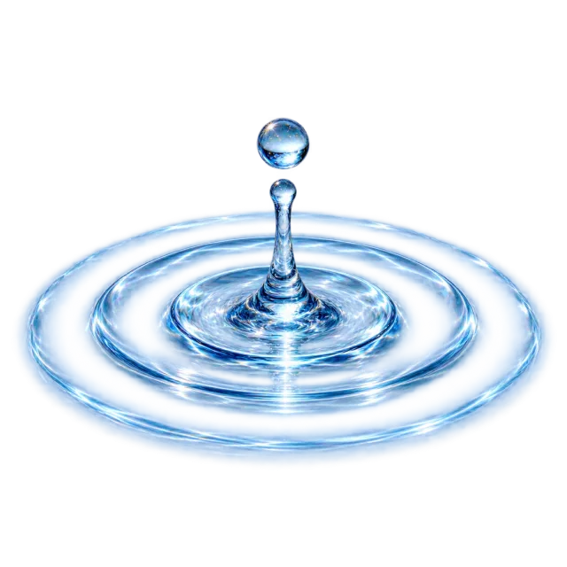 A blue water drop hangs above concentric circular ripples