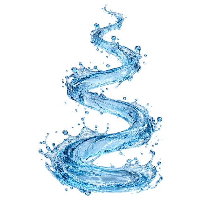 A blue water splash twists upward in a loose spiral