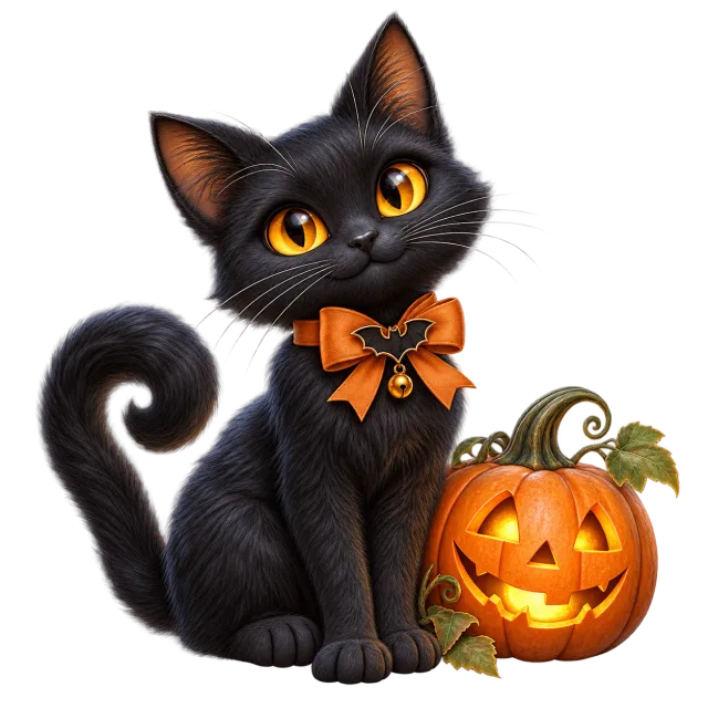 Black kitten with orange eyes and an orange bow beside a glowing jack-o-lantern on a transparent background