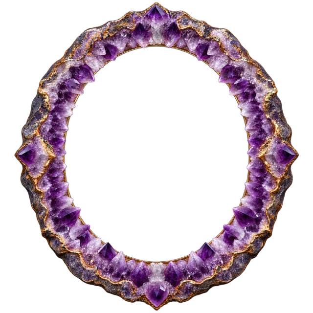Purple crystal-like facets line an oval border with dark outer edges and gold-colored trim