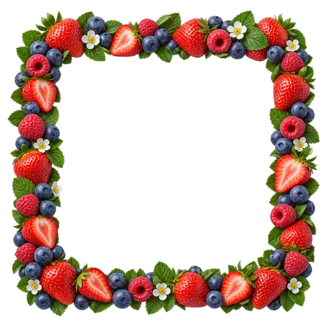 Strawberries, raspberries, blueberries, green leaves and white flowers form a square border