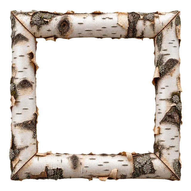 White birch-like branches with dark markings form a square border