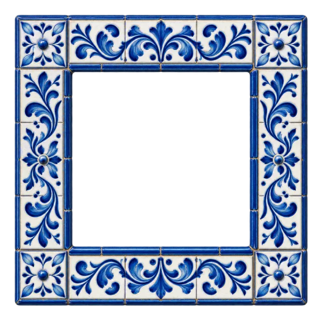 Blue and white floral tile patterns decorate a square mosaic border