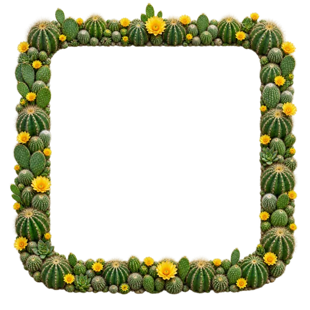 Green cacti and yellow flowers surround a rounded square opening