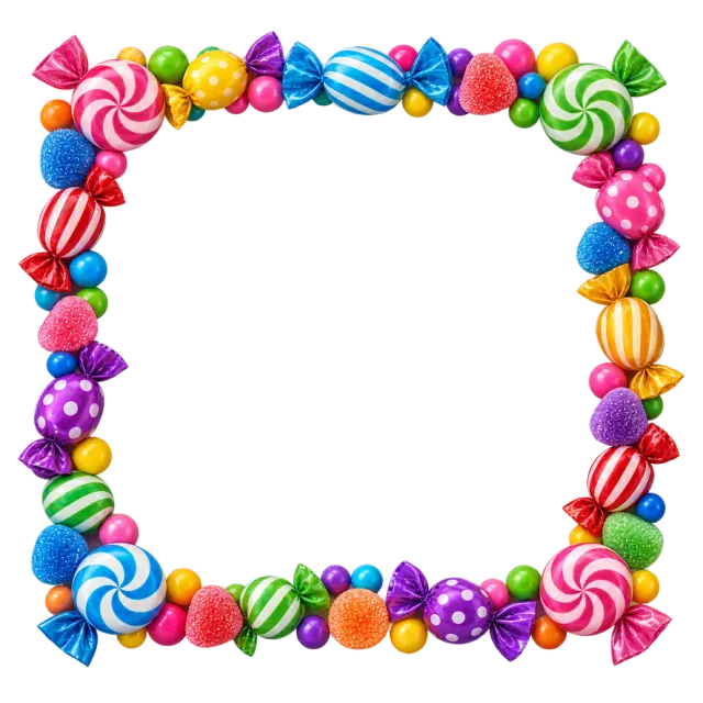 Lollipops, wrapped sweets and gummy-shaped candies form a square border