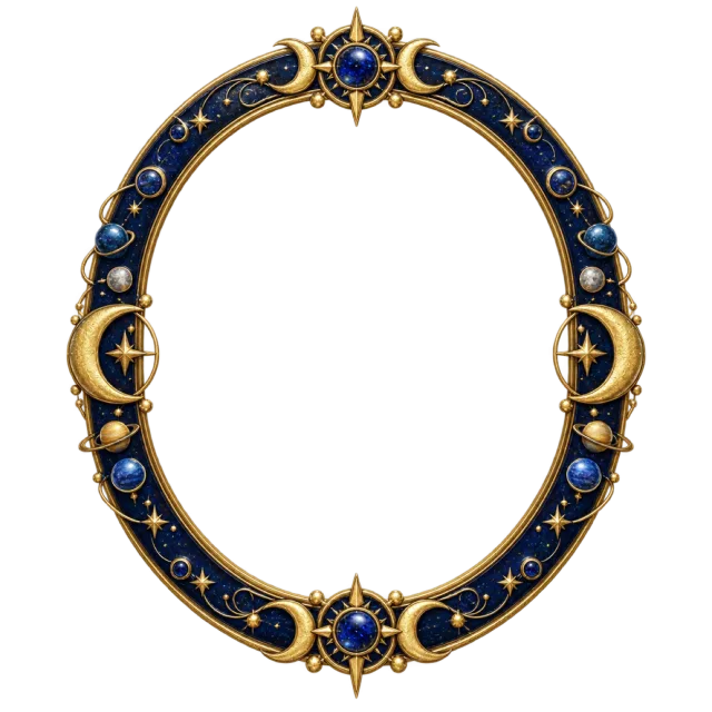 Gold-colored moons, stars and scrollwork decorate a dark blue oval border
