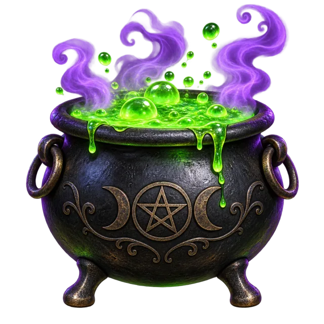 Black cauldron filled with glowing green bubbles and curling purple smoke on a transparent background