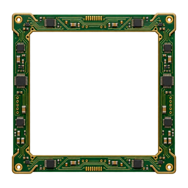 Green circuit-board patterns and gold-colored traces form a square border