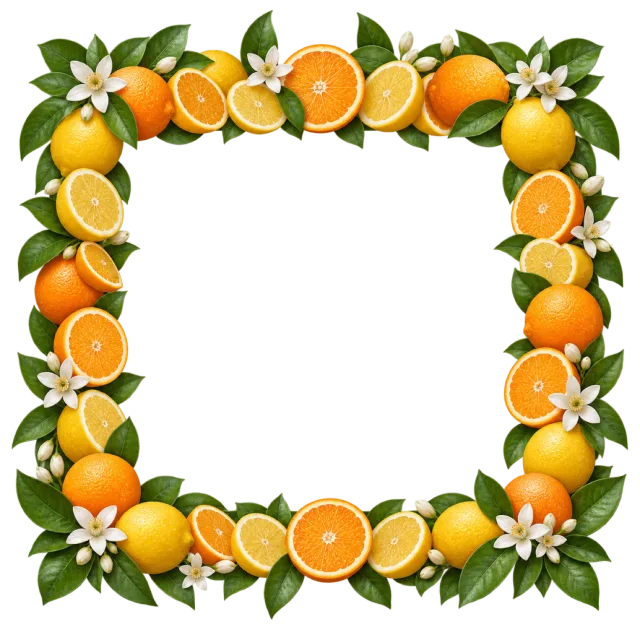 Oranges, lemons, green leaves and white flowers surround a rounded square opening