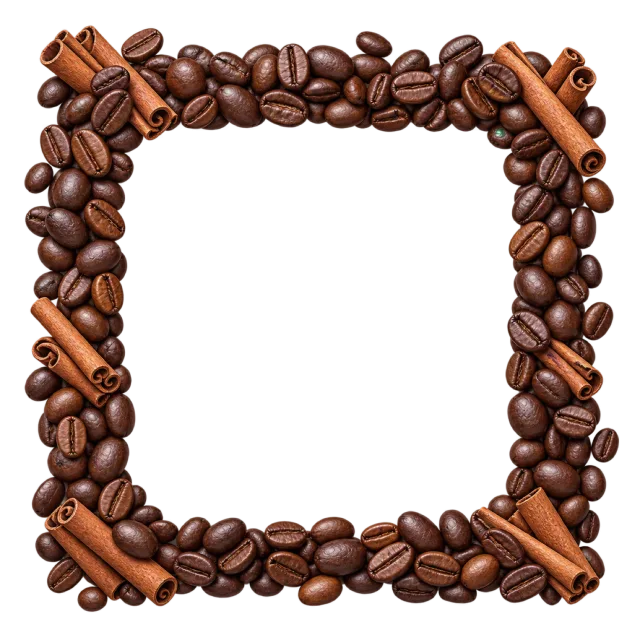 Brown coffee beans and cinnamon sticks form a square border