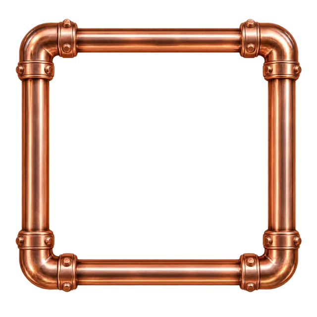 Copper-colored pipes with elbow joints form a rounded square border